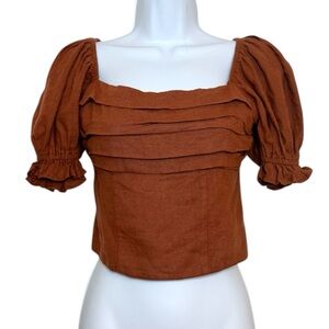 Abercrombie & Fitch Terracotta Orange Rust Brown Puff Sleeve Cropped Top Linen